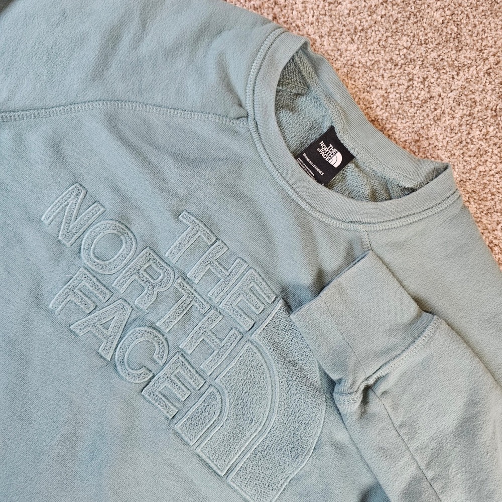 The North Face Womens Teal Blue Green Embossed Logo Crewneck Sweatshirt Small